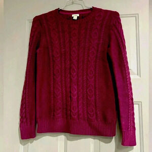 LL Bean Sweater Womens Small size Purple Magenta Cable Knit Fishermans Crew Neck